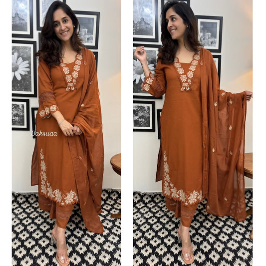 Rusty Orange Rayon Cotton Embroidery Salwar Suit Set