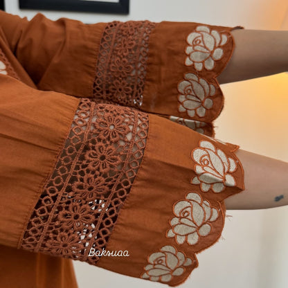 Rusty Orange Rayon Cotton Embroidery Salwar Suit Set