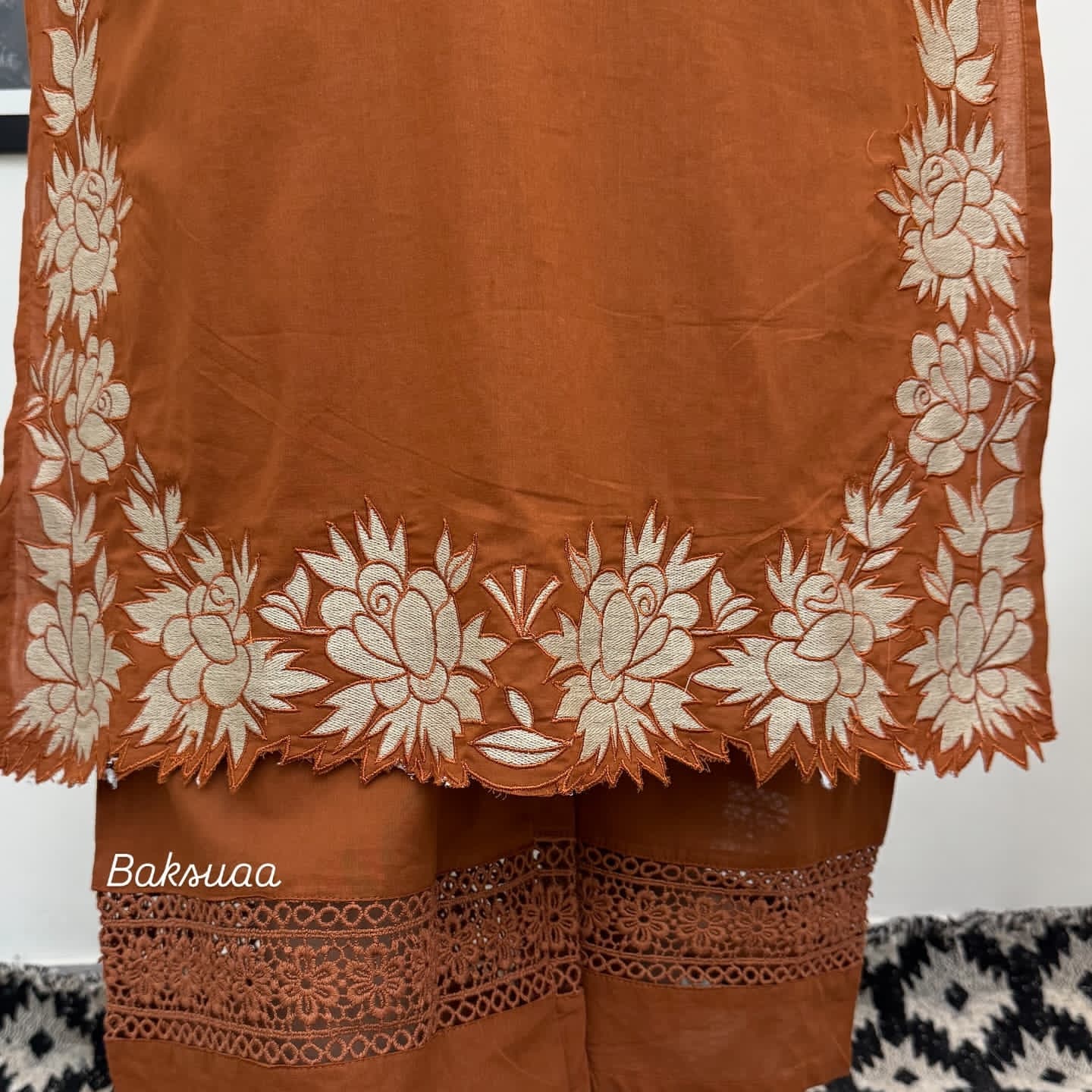 Rusty Orange Rayon Cotton Embroidery Salwar Suit Set