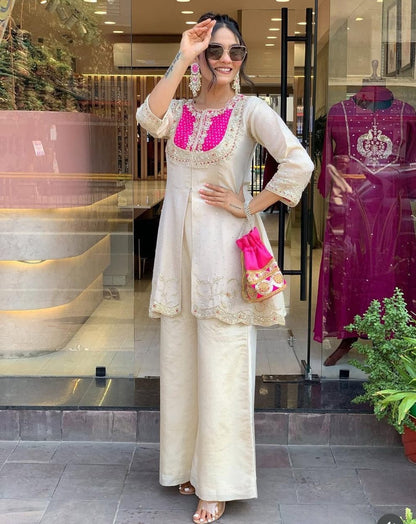 Cream Party Wear Pearl Embroidery Work Readymade Plazzo Suit