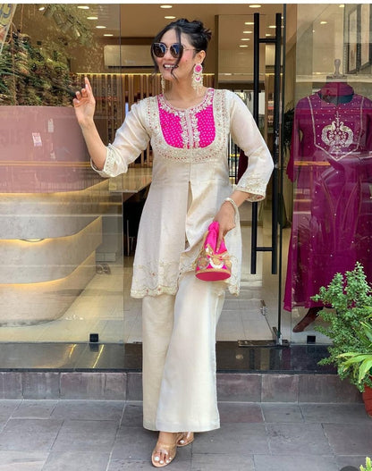 Cream Party Wear Pearl Embroidery Work Readymade Plazzo Suit