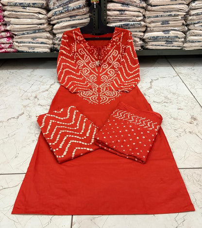 Orange Bandhani A-Line Kurta Set with Tassels