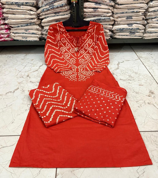 Orange Bandhani A-Line Kurta Set with Tassels