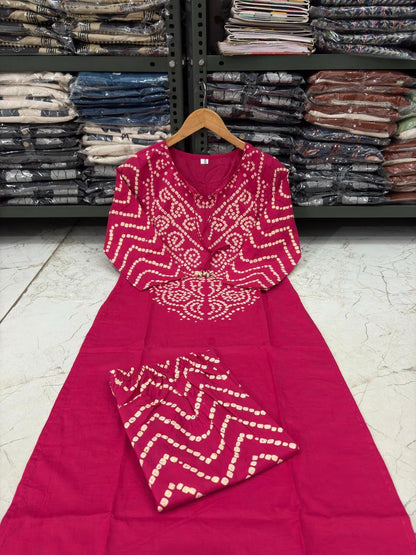 Pink Bandhani A-Line Kurta Set with Tassels