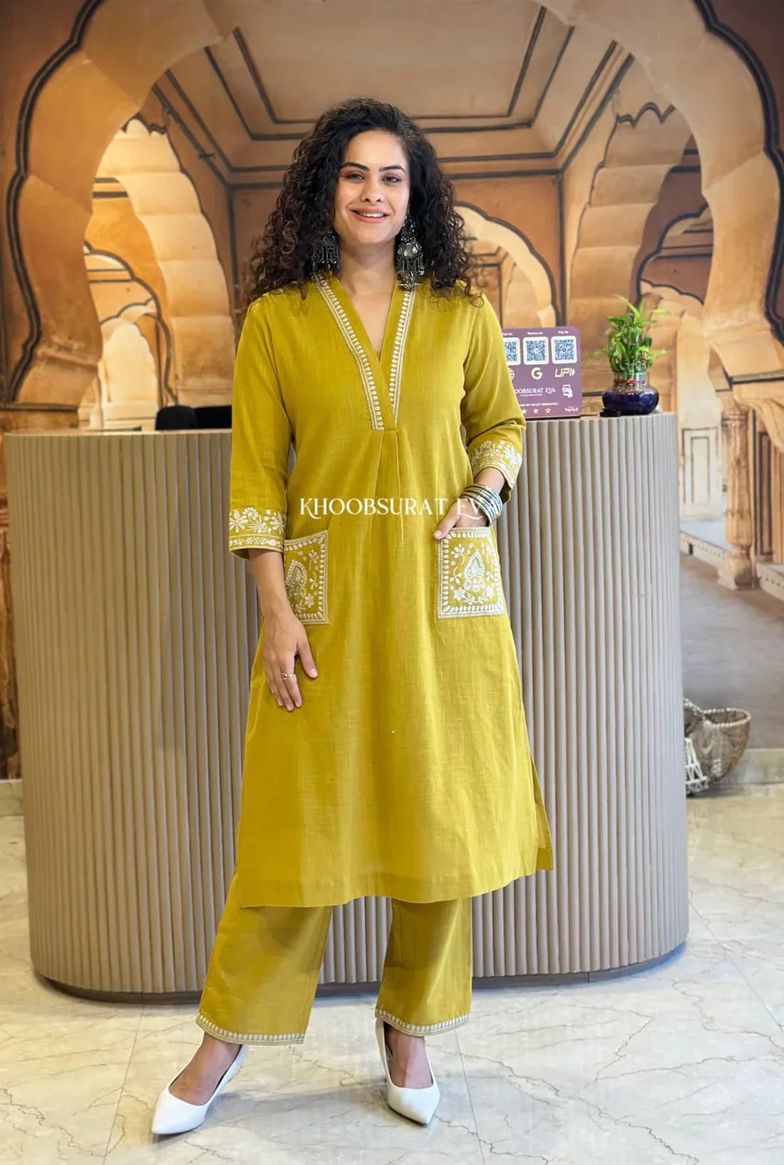 Royal Jaipur Kurti Mustard Yellow Cotton Kurta With White Embroidery